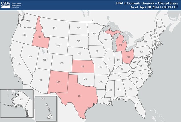 The map above shows cattle herds where the virus has been reported.  It is found in 20 herds in seven states, data shows, although most cases are linked to Texas.
