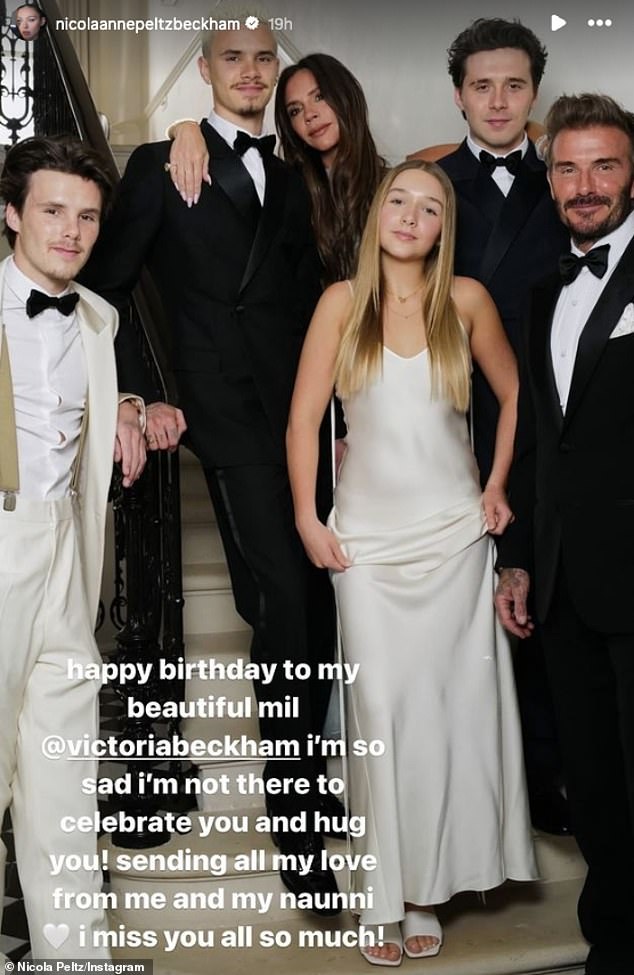 Nicola Peltz paid tribute to Victoria Beckham after being forced to miss her 50th birthday dinner in Mayfair on Saturday night.