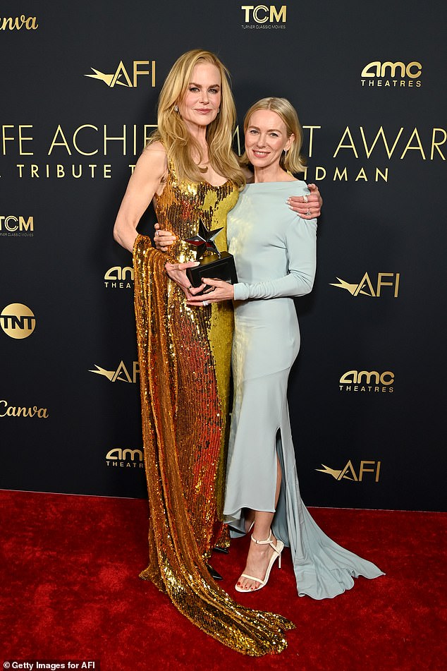 Nicole Kidman was honored at the American Film Institute's Life Achievement Award Gala in Los Angeles on Friday.  And her good friend Naomi Watts was there to congratulate her.  Both in the photo