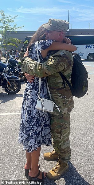 Nikki Haley hugs her husband Michael after returning from deployment