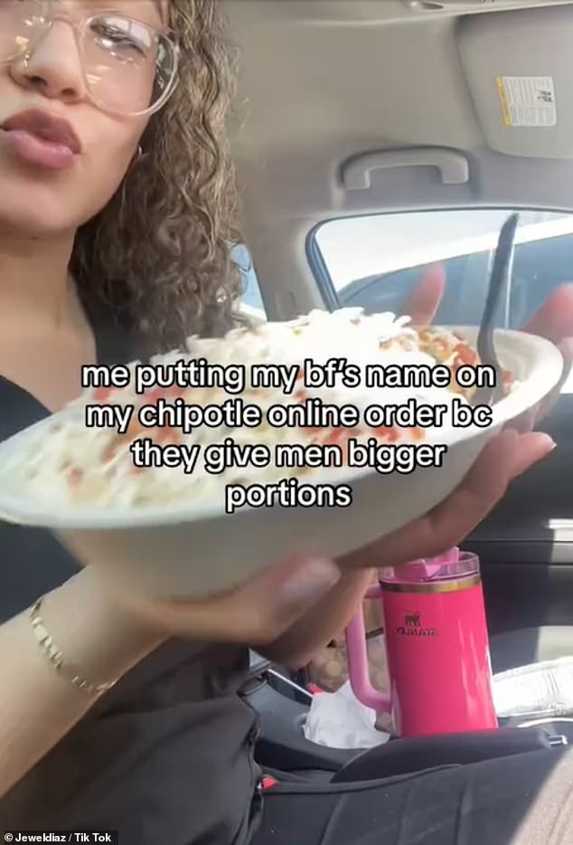 Jewel Diaz, whose TikTok username is @jeweldiaz, posted a video on April 8 showing off her large plate of food from Chipotle while sitting in her car.