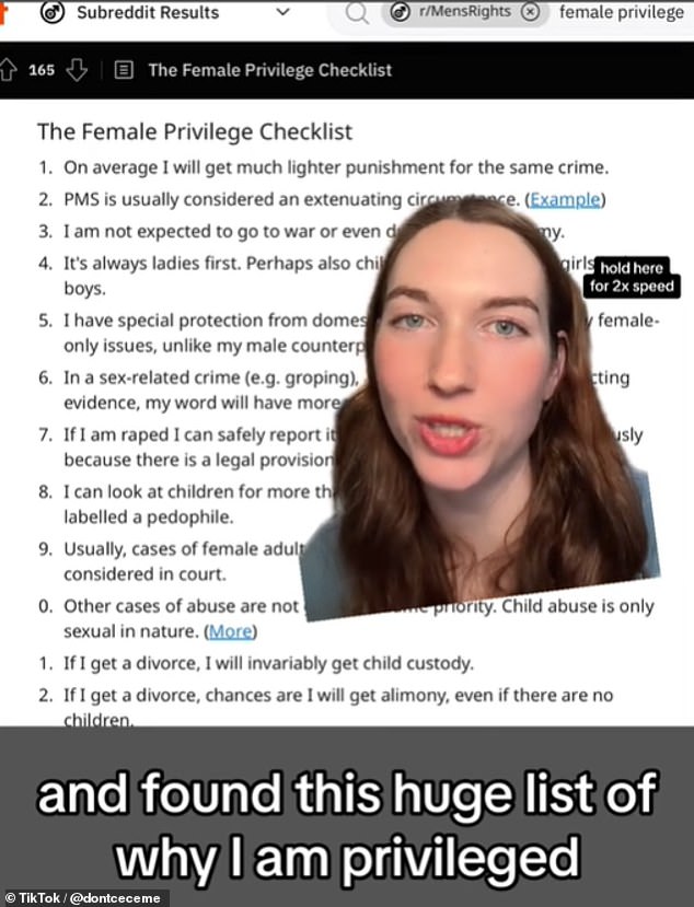 American woman spared fierce online debate after stumbling across 'female privilege' checklist on Reddit