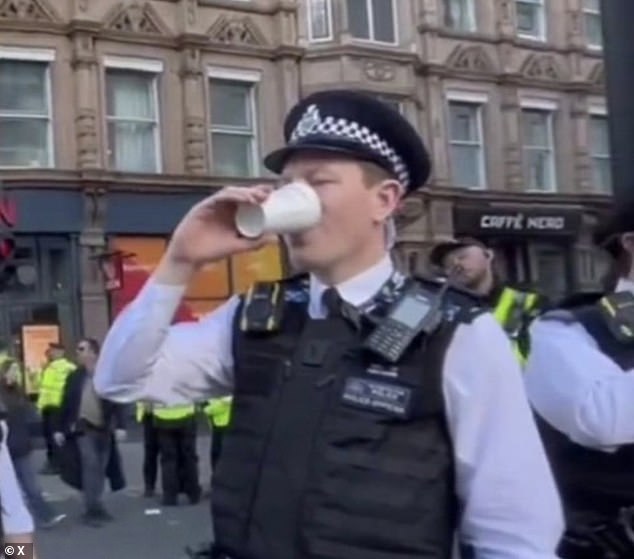 Earlier this week, X user Becky Argyle, from Scotland, posted a photo of an officer drinking from a disposable cup.
