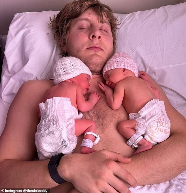 Paddy Pimblett cuddled up with his twins Betsy and Margot after their birth last week.