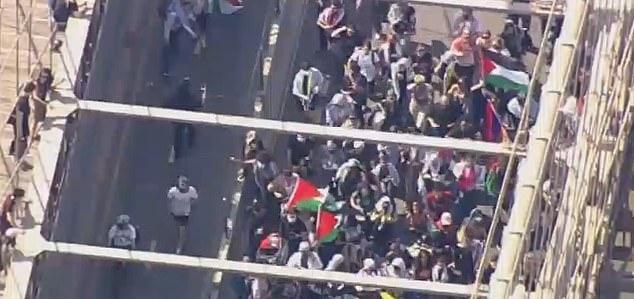 Anti-Israel protesters took to the Brooklyn Bridge on Monday afternoon and walked through traffic, chanting and beating drums.