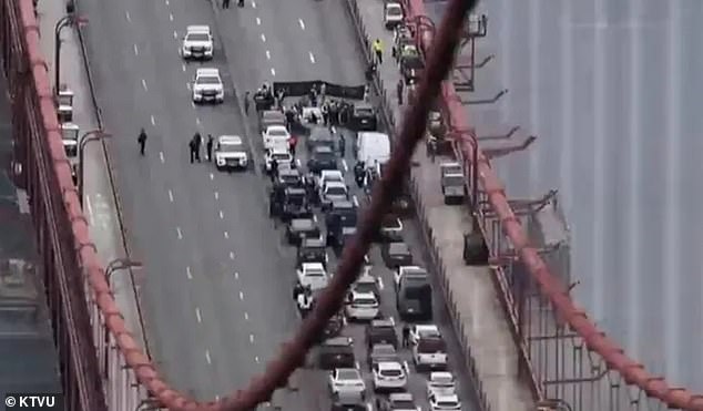 Traffic is seen lined up on the Bay Area Bridge as vehicles have been backed up through the Robin Williams Tunnel toward Sausalito on the southbound 101.