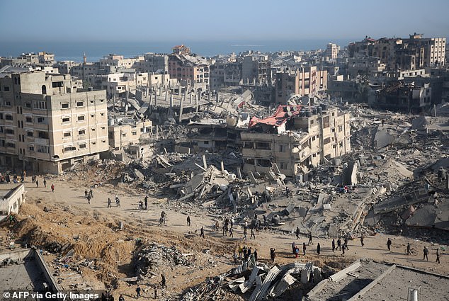 A general view shows destruction in the area surrounding Gaza's Al-Shifa hospital after the Israeli army withdrew from the complex housing the hospital on April 1, 2024.