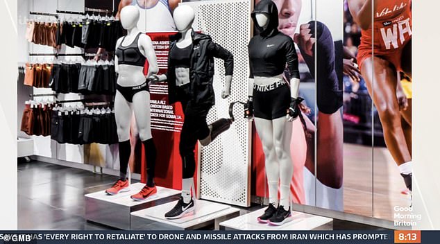 Nike mannequins, including one with a running paddle.  The mannequin inspired Stef to make her original TikTok video