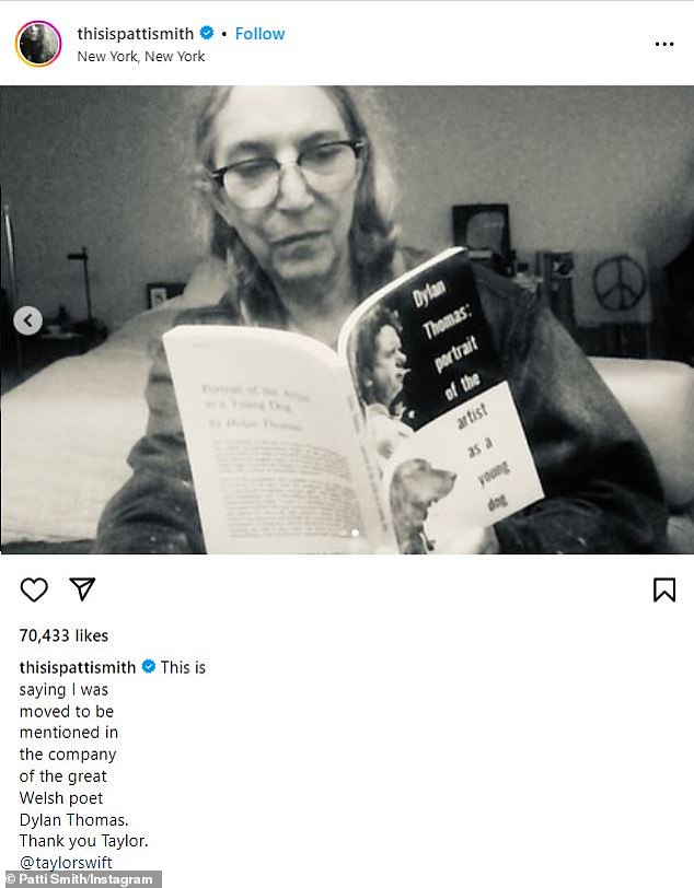 Rock legend Patti Smith shared her reaction to being featured on Taylor Swift's latest album, The Tortured Poets Department, which came out on April 19.