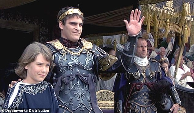 He took on the role of Lucius Verus (L, Spencer Treat Clark), the adult nephew of the late Roman emperor Commodus (M, Joaquin Phoenix).