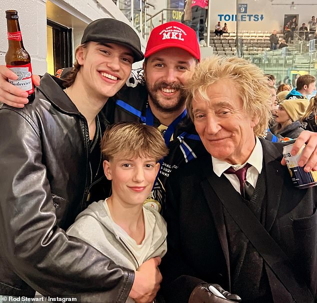 Rod recently took to Instagram to share a sweet photo of Alistair and Aiden, alongside his son Liam, 29, an ice hockey player, who he shares with his ex Rachel Hunter (Liam, 29, top center, his youngest sons Alastair , 18, and Aiden, 13, left, center below)
