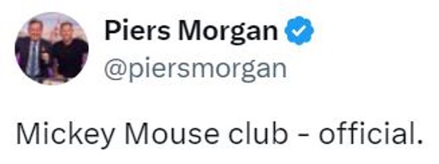 Piers Morgan has branded Man United a 'Mickey Mouse club' following reports they are in talks with Disney over a documentary deal to look back on their glory days.