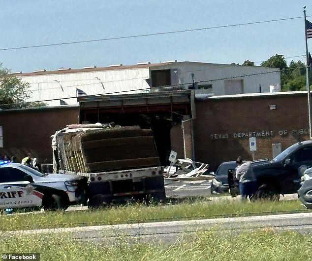 A stolen 16-wheeler crashed into a building in Brenham, Texas, on Friday.