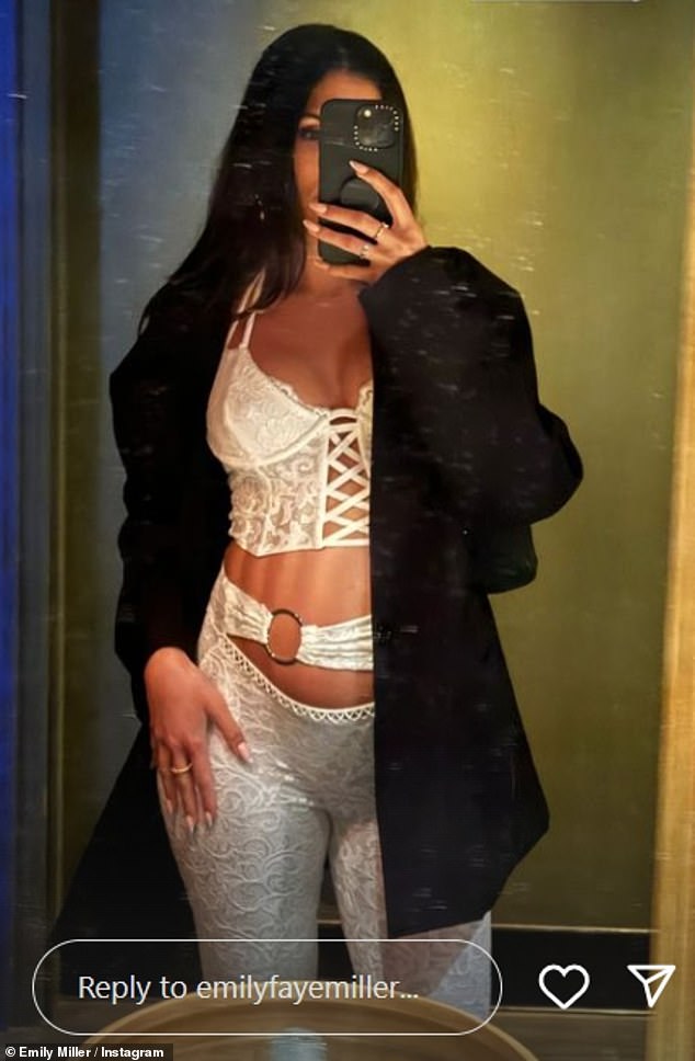 Emily Miller showed off her growing baby bump in a white lace corset while posing for Instagram photos on Wednesday during her luxurious Los Angeles getaway.