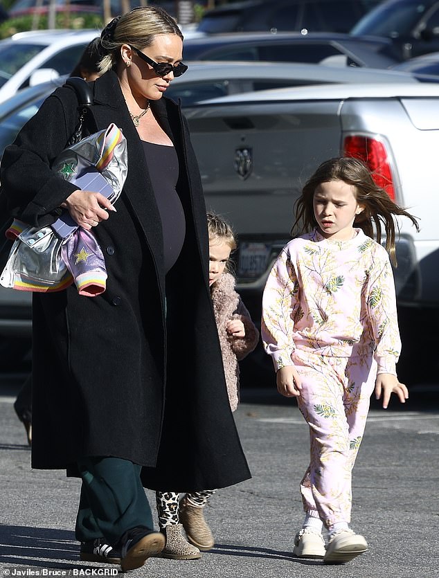 Pregnant Hilary Duff, 36, took her two daughters, Banks Violet, 5, and Mae James, 3, to lunch on Friday, weeks after her husband Matthew Koma's vasectomy.