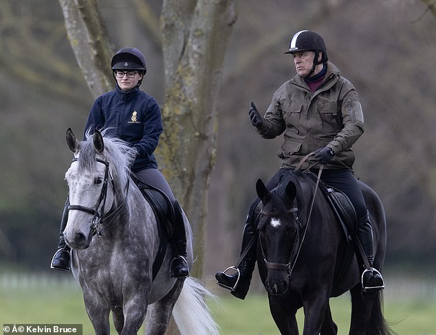 The Duke of York (pictured), 64, wore a khaki jacket, red jumper, black trousers and a helmet for the outing.