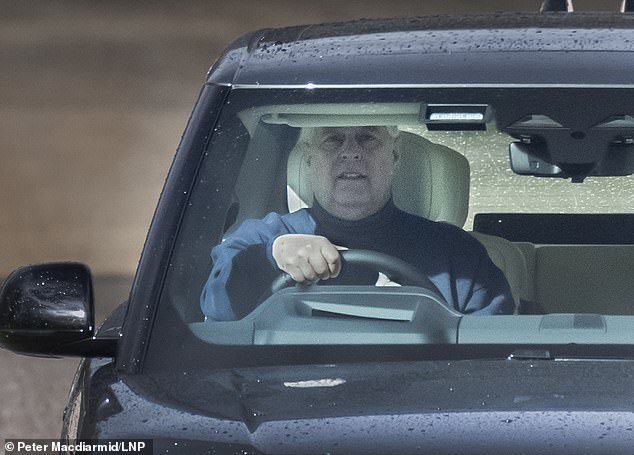 Prince Andrew seemed in good spirits when he was photographed driving near Windsor Castle on Thursday.