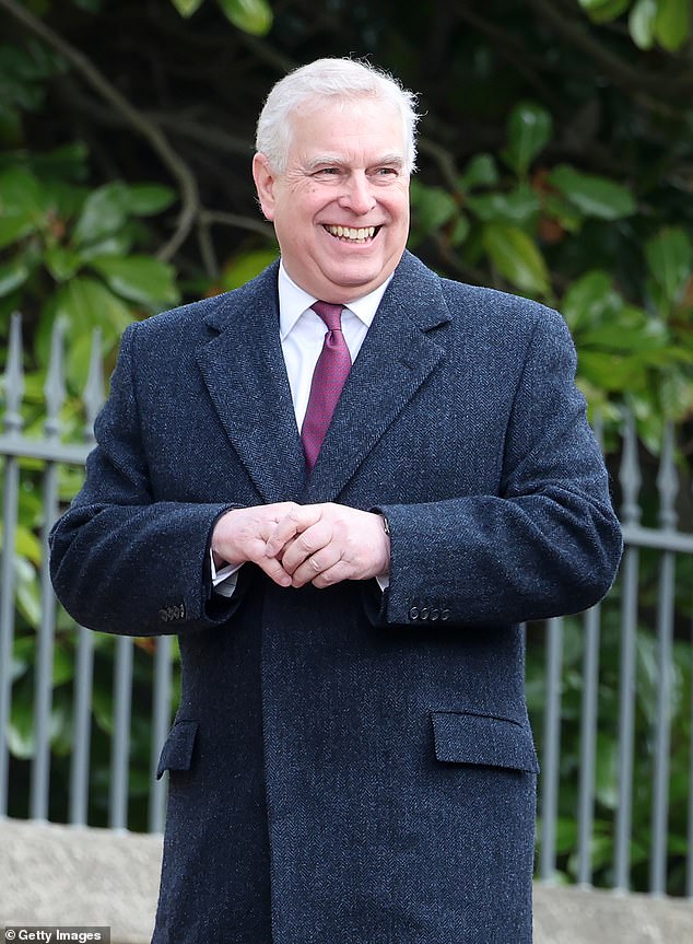 Prince Andrew, Duke of York, smiles as he leads royals to the Thanksgiving service in honor of King Constantine at St George's Chapel.