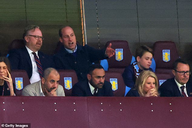 Prince William, the Prince of Wales and Prince George of Wales watch during the 2023/24 UEFA Europa Conference League quarter-final first leg match between Aston Villa and Lille OSC