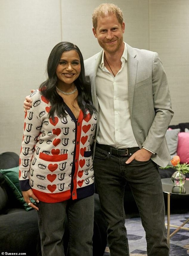 Prince Harry posed with The Office actress Mindy Kaling during their appearance at the 'Beyond Burnout: Transforming C-Level Stress Into Strength' session in San Francisco yesterday.