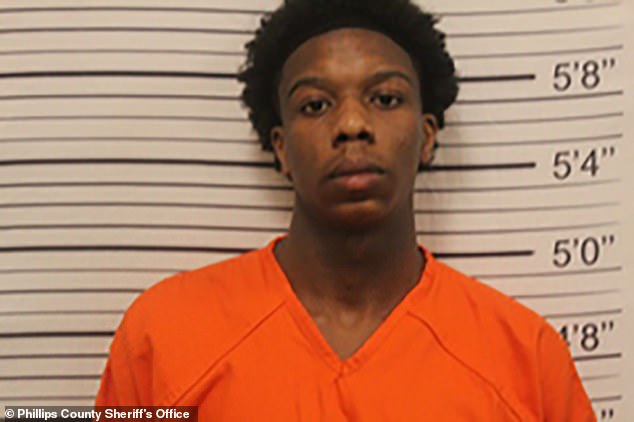 Donterious Stephens (pictured), 19, allegedly murdered Lorenzo Harrison, 18, at a Helena-West Helena Central High School after-prom party.  Stephens has been charged with first-degree murder and firearms possession.