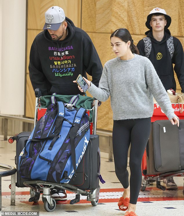 Australian tennis star Nick Kyrgios and his girlfriend Costeen Hatzi flew into Sydney Airport on Saturday.