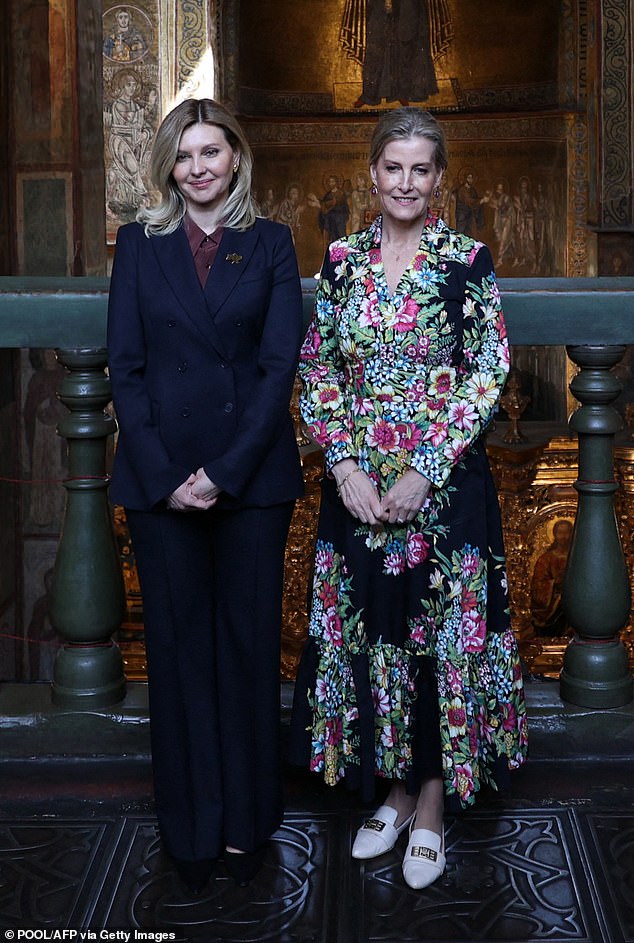 The Duchess of Edinburgh (right) poses for a photograph with Ukraine's first lady Olena Zelenska (left) at St. Sophia Cathedral, in what was the first visit to the country by a member of the Royal Family since the invasion Russian.