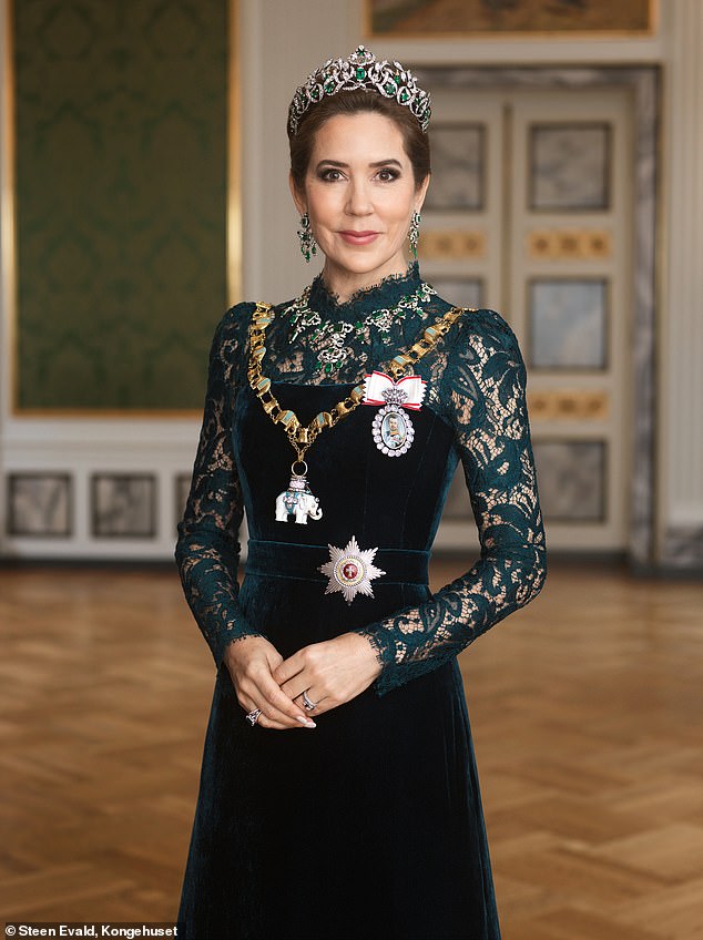 Queen Mary of Denmark donned the Danish palace's emerald ensemble for the first time in her first royal portrait as queen consort.  The outfit is only worn by the queen.