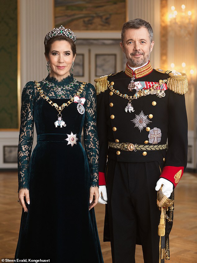King Frederick and Queen Mary of Denmark stood side by side looking forward to form a united front for their final royal portrait.