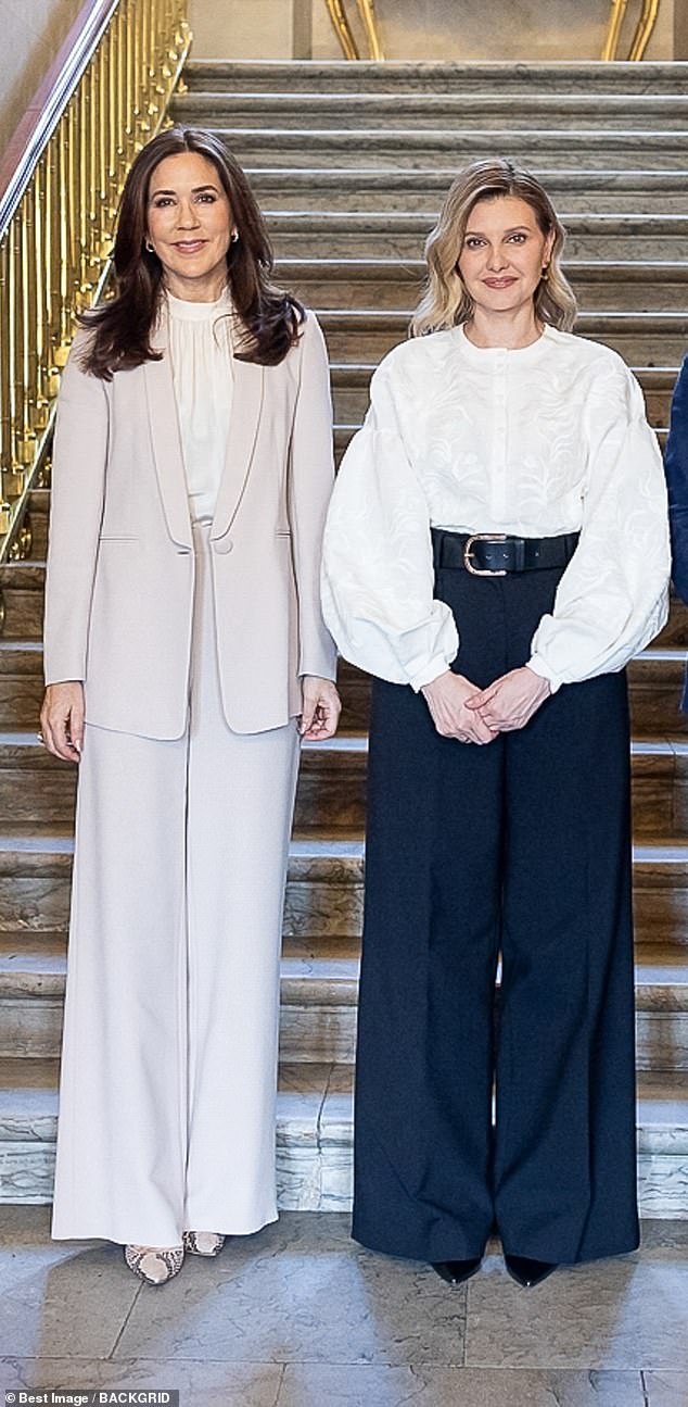 Queen Mary of Denmark (left) met with the first lady of Ukraine, Olena Zelenska (right), in Copenhagen yesterday.