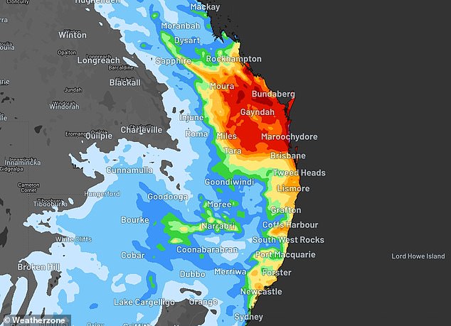 Queensland will be drenched by up to 100mm of rain (pictured) and the massive downpour will last for several days.