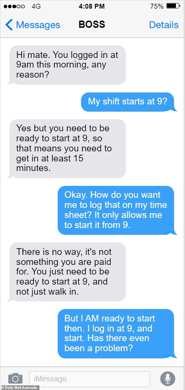 Text messages (pictured) between a boss and an employee about unpaid work have ignited a debate over work ethics