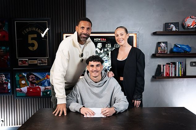 Lorenz Ferdinand (pictured with father Rio and stepmother Kate) has signed with sports agency New Era.