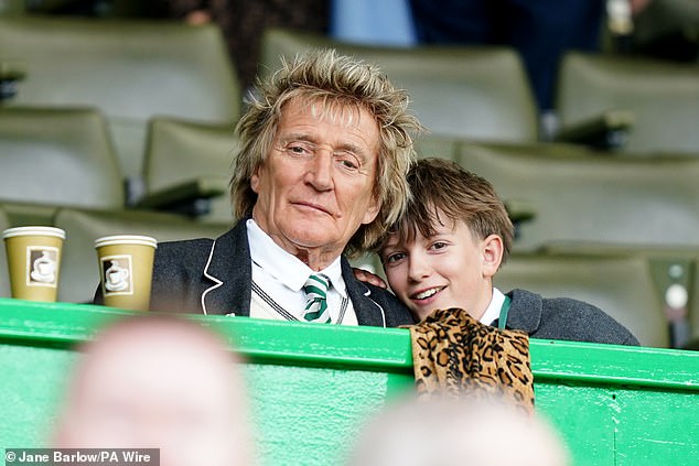Rod Stewart made his latest trip to watch his beloved Celtic team a family affair as his son Aiden joined him in Glasgow on Saturday.