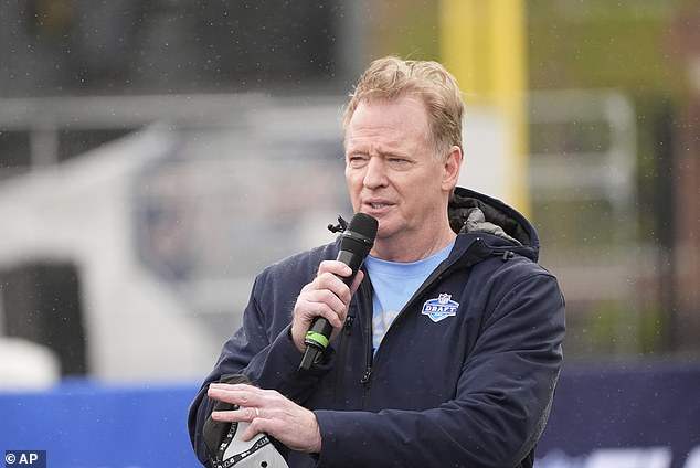 NFL football commissioner Roger Goodell addresses the crowd before the start of a football prospect clinic with Special Olympics athletes on Wednesday.