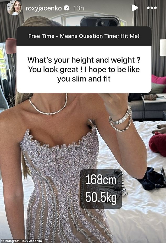 Roxy took to her Instagram Stories on Sunday to reveal her current weight of 50.5kg.