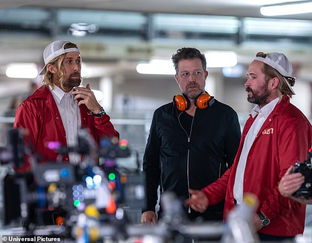 The Fall Guy, a high-octane thriller directed by John Wick co-creator David Leitch, had its world premiere at South By Southwest in Austin, Texas, in March.  Pictured left to right: Gosling, director David Leitch, Logan Holladay on the set of The Fall Guy