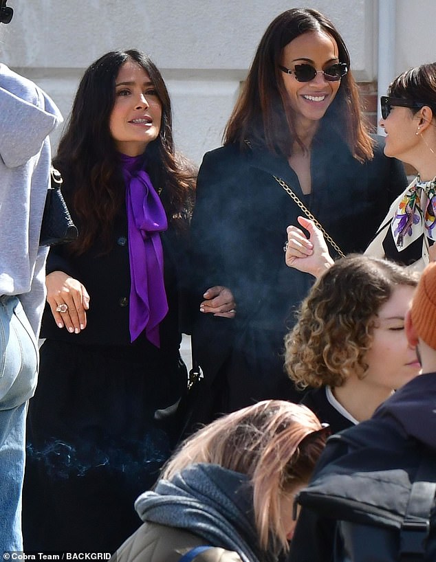 Salma Hayek, 57, and Zoe Saldana, 45, were a fashionable couple when they stepped out in Venice on Thursday with their respective partners, Francois-Henri Pinault and Marco Perego, for a double date.