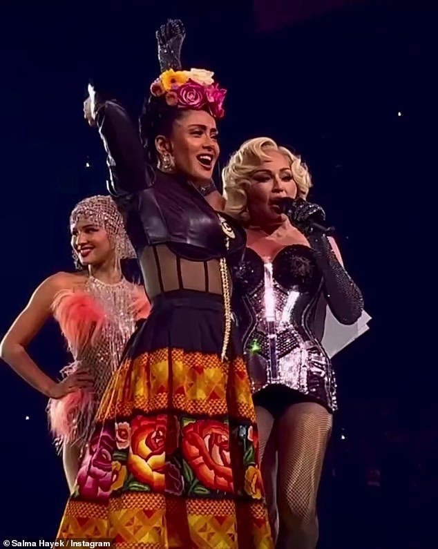 Salma Hayek channeled one of her most famous roles while taking the stage at Madonna's Celebration Tour on Friday.