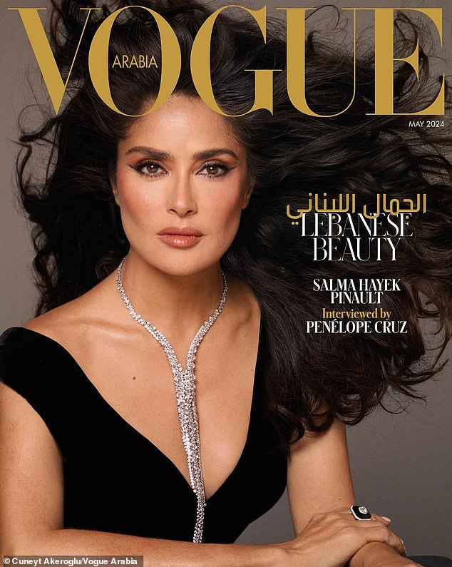 Salma Hayek oozed old Hollywood glamor in a low-cut Gucci dress as she starred on her latest magazine cover for Vogue Arabia.