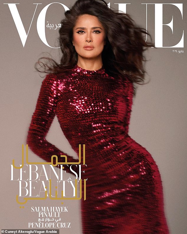 In another of her cover images, Salma showed off her statuesque hourglass figure in a tight-fitting Balenciaga dress covered in scarlet sequins.