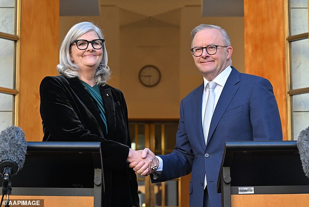 Mostyn (pictured left) was appointed as the next Governor General by Prime Minister Anthony Albanese (pictured right) and the businesswoman and climate activist will replace David Hurley.