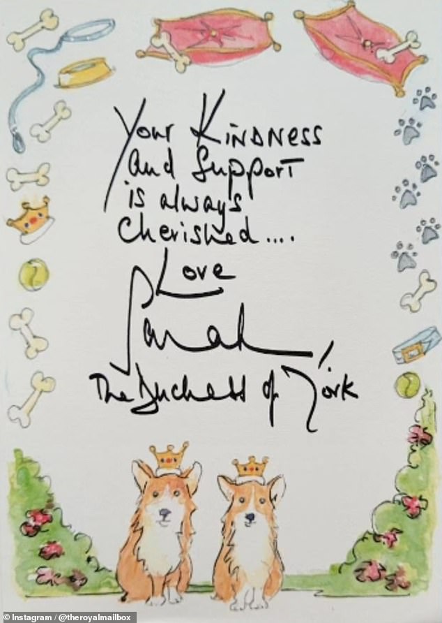 The Duchess of York responded to a message of support with an adorably illustrated card featuring corgis wearing crowns, dog collars and beds, as well as bones and tennis balls.