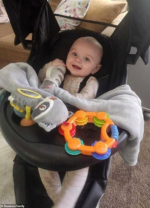 Kullen Dawson, the seven-month-old baby who died in the crash, pictured here in her stroller