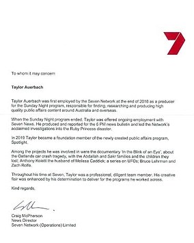 The signed letter from Seven news director Craig McPherson