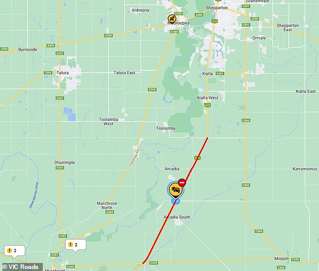 The Goulburn Valley Highway at Arcadia, south of Shepparton, was closed early on Friday afternoon and traffic is likely to be affected well into Friday night.