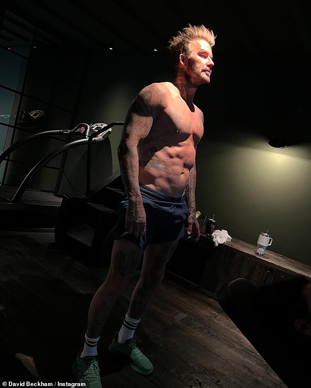 David Beckham, 49, showed off his toned physique as he posed shirtless for a sexy Instagram photo at the gym on Sunday.