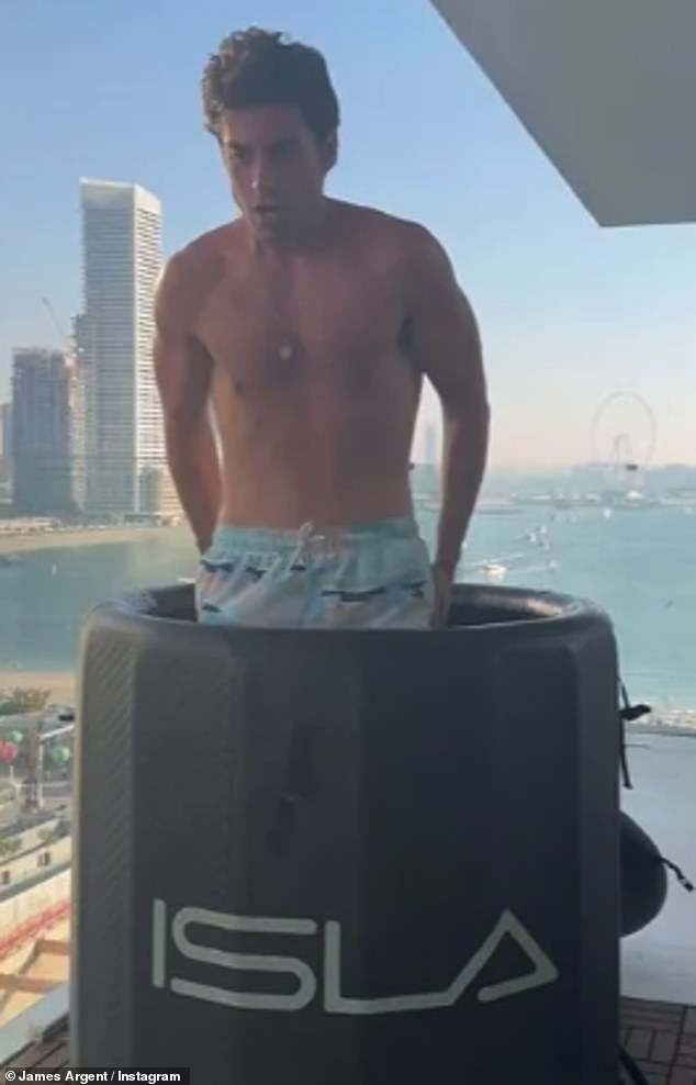 James Argent, 36, showed off his incredible 14kg weight loss during his trip to Dubai with friend Joey Essex on Saturday, after their getaway was affected by flooding in the city.