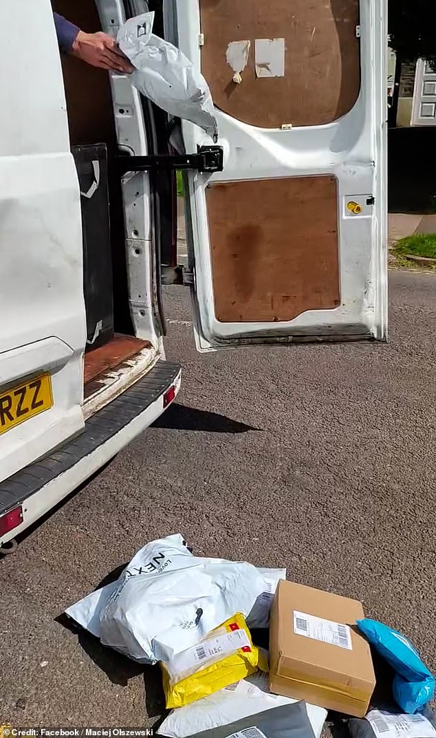 This is the shocking moment an Evri delivery driver carelessly throws packages out of his van into a gutter in front of a disgruntled customer.