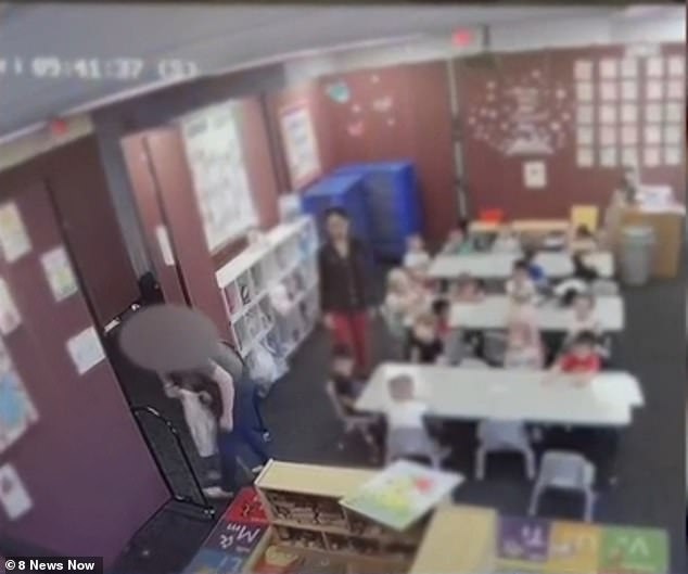 Footage from DJ's Christian Preschool/Daycare shows 3-year-old Lilly Royal allegedly being vigorously lifted and swung back and forth by an unidentified teacher on April 19.